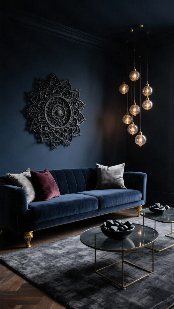 Wide shot, midnight lounge: inky navy walls; midnight velvet sofa with antique brass legs; above it, a blackened metal mandala wall sculpture catching dim light; charcoal rug underfoot; smoked glass nesting tables with a low bowl of black river stones; cluster of dimmable globe pendants setting an intimate, cinematic mood; velvet cushions in pewter and merlot; deep, moody lighting, no people, photorealistic.