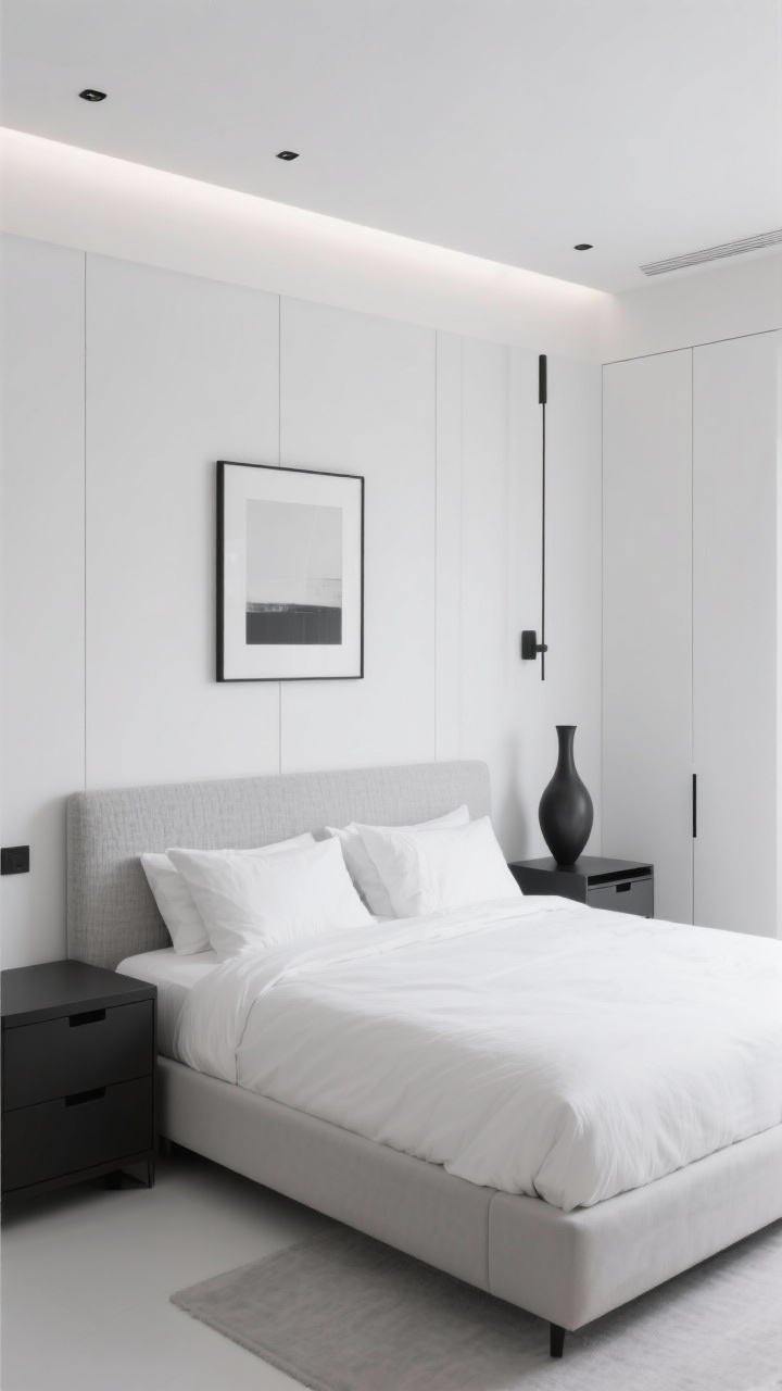 Wide shot — Minimalist Monochrome Suite: A disciplined monochrome bedroom in shades of white to dove gray with matte black accents. A paneled headboard anchors tonal textured bedding; handleless nightstands and a platform bed with integrated drawers keep surfaces pristine. A wall-mounted wardrobe spans one side; a single sculptural vase sits centered on a nightstand and one large framed print hangs above the bed. Recessed spots and a linear LED above the headboard provide clean, even illumination. Palette: whites and soft grays, subtle matte black. Crisp, uncluttered, photoreal lighting.