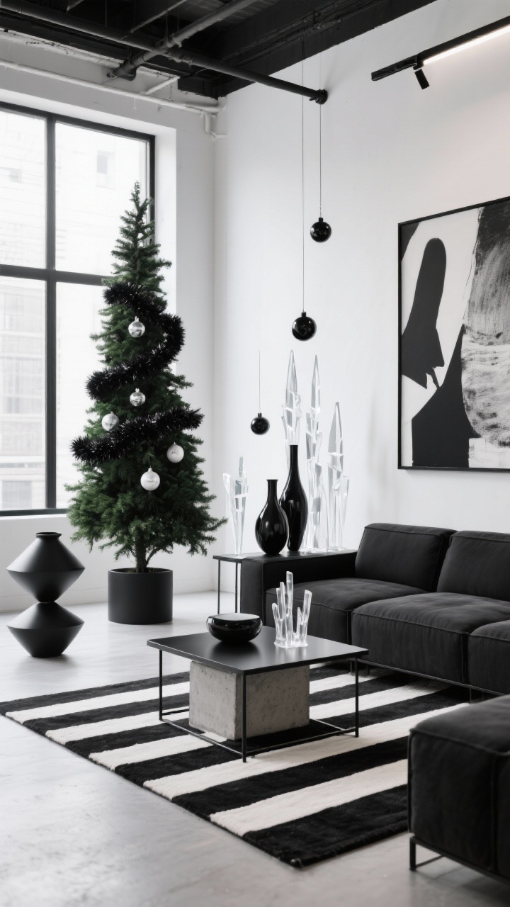 Wide shot: Modern black-and-white loft with a slim black or deep green tree in a crisp black tree collar. Ornaments are strictly black, white, and clear with sharp geometric shapes; smoked glass baubles and acrylic icicles; matte black ribbon replacing tinsel. Cool white lighting for an architectural feel. Furniture: modular sofa, black metal coffee table, concrete planter. Accents: oversized monochrome art, sculptural vases, black-and-white stripe rug. Clean lines, high contrast, photorealistic, straight-on composition.