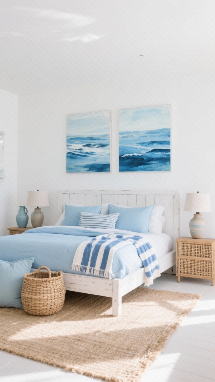 Wide shot, Modern Coastal with Sun-Washed Blues: An airy bedroom with bright white walls, a whitewash wood bed dressed in soft blue bedding and a casually draped blue-and-white striped throw. A jute rug grounds the space. Rattan or cane nightstands hold linen-shade table lamps. Large-scale coastal landscape art (or diptych of abstract blue washes) above the bed. Decor includes ceramic jugs, woven baskets, and pale blue pillows. Palette: cloud white, sea glass blue, sandy beige. Sun-washed natural light, breezy and elevated. Photorealistic, straight-on view.