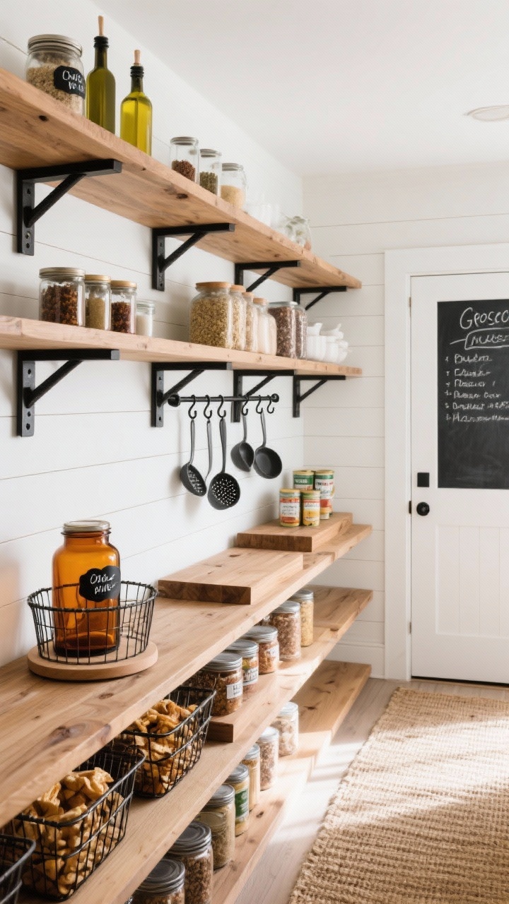Wide shot, modern farmhouse pantry: warm oak shelves with visible soft grain, staggered depths (deeper lower shelves for bulk containers, slimmer upper shelves for spices and oils), matte-black L-brackets, crisp white shiplap backdrop. Include amber glass jars with black script labels on a small lazy Susan, simple wire baskets for snacks, a black metal rail with S-hooks holding scoops and measuring cups, wooden risers for canned goods, a chalkboard door with a handwritten grocery list, and a natural jute runner on the floor. Soft natural daylight, photorealistic, cozy yet functional vibe.