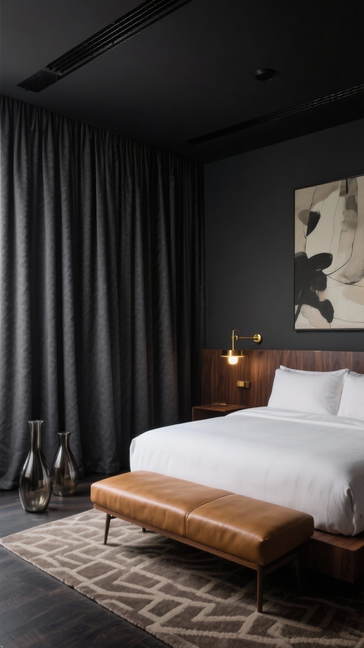 Wide shot, Modern Hotel Noir bedroom: floor-to-ceiling charcoal blackout curtains with a subtle brushed sheen, mounted on a matte black ceiling track, pooling 1 inch on the floor; deep graphite walls; walnut platform bed with crisp white percale sheets; camel leather bench at the foot; brass swing-arm sconces glowing warmly against the dark walls; low-pile geometric rug in muted taupe; smoked glass vases and an oversized abstract print; moody evening lighting for a luxe, cocooning, boutique-hotel vibe; photorealistic, straight-on angle.