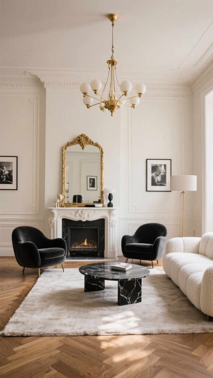 Wide shot, Modern Parisian Chic living room: creamy walls with subtle panel molding, low-slung ivory bouclé sofa, black marble coffee table centered on pale wool rug over herringbone wood floors; oversized gilt mirror leaning above a classic fireplace, pair of curvaceous velvet armchairs, black-and-white photography in thin black frames; sculptural brass chandelier with milky glass globes; palette of warm whites, mushroom taupe, and matte black accents; elegant, softly sunlit, photorealistic, no people.