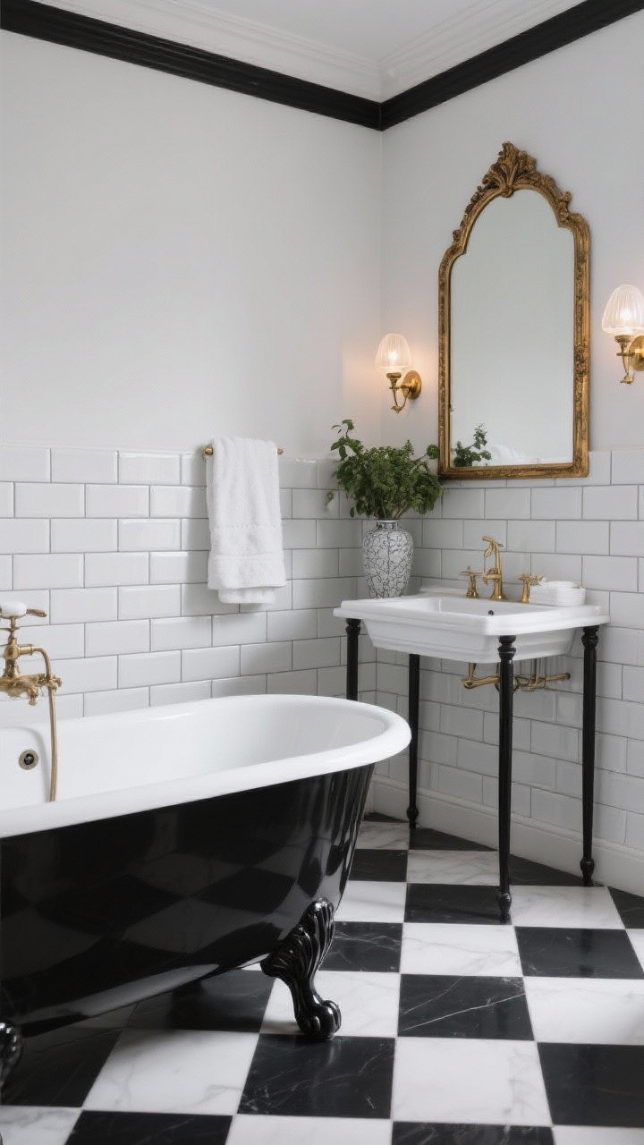 Wide shot — Monochrome Parisian Classic: A chic black-and-white bathroom in a Parisian-style apartment, large-format 8–10" black-and-white checkerboard floor tile, glossy white subway tile walls with charcoal grout, a freestanding black clawfoot tub centered as the focal point, slim console sink with black legs, arched gilt-framed mirror above, warm brass wall sconces with milk-glass shades casting a flattering glow, fluffy white towels and a single vase with fresh greenery; crisp grid lines, high contrast, photorealistic, no people.