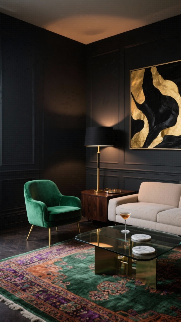 Wide shot, moody living room in deep charcoal walls with soft, warm evening lighting; an emerald green velvet accent chair with brass legs under a matte black floor lamp anchors the corner; a low-profile oatmeal sectional sofa sits opposite; Persian-style rug in moss, plum, and rust ties the room; smoked-glass coffee table centered; oversized abstract art in black and gold on wall; dark wood console with rounded corners; marble coasters on table; upscale cocktail-hour vibe, photorealistic, no people.