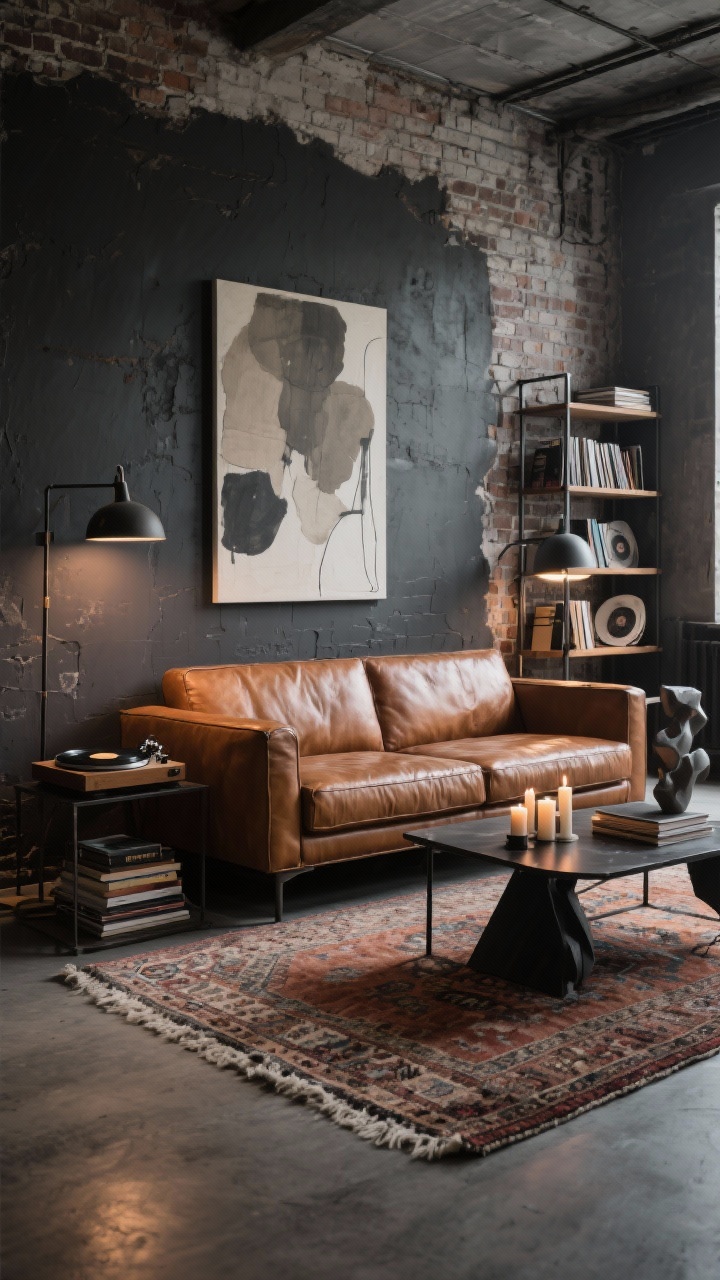 Wide shot, moody loft angle: A cognac leather sofa with vintage-aniline finish set against a charcoal accent wall with exposed brick or limewash texture. Beni-style rug lightening the floor, a chunky black metal coffee table with candles and sculptural books. Industrial-style floor lamps flanking the sofa, large-scale abstract print in smoky neutrals above. Record player station with stacked vinyl and metal-and-wood shelving along the side wall. Mixed textures of leather, iron, nubby wool, rough plaster, smoked glass under low, warm ambient lighting. Photorealistic, no people.