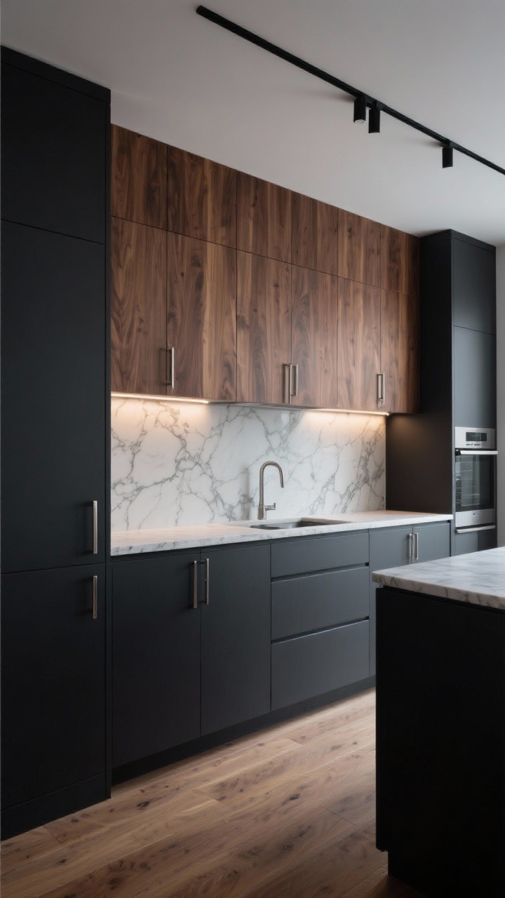 Wide shot, moody luxe kitchen: charcoal lower cabinets and tall pantry frames, warm walnut slab upper cabinets that are handle-free, honed marble countertops with subtle veining, full marble slab backsplash, thin brushed nickel pulls on the lowers, concealed under-cabinet lighting casting a soft glow, wide-plank European oak flooring in a mid-tone, low-profile black track lighting above; sleek, quiet luxury ambience, straight-on view, photorealistic.