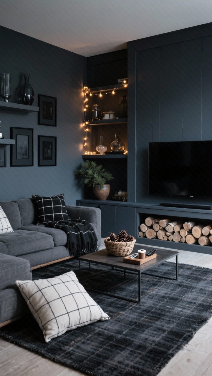 Wide shot, moody media room: charcoal-painted walls with built-in shelves strung with warm fairy lights, charcoal plaid area rug grounding a low graphite sectional, oversized floor pillows in subtle windowpane patterns, faux fireplace console with stacked birch logs, slim Blackwatch throw on the sofa, matte black frames on the wall, smoked glass accents, bowl of pinecones on the coffee table, plaid-wrapped remote basket and a hot cocoa tray; color palette charcoal, midnight blue, pine, warm white; dim, cozy ambient glow, photorealistic.