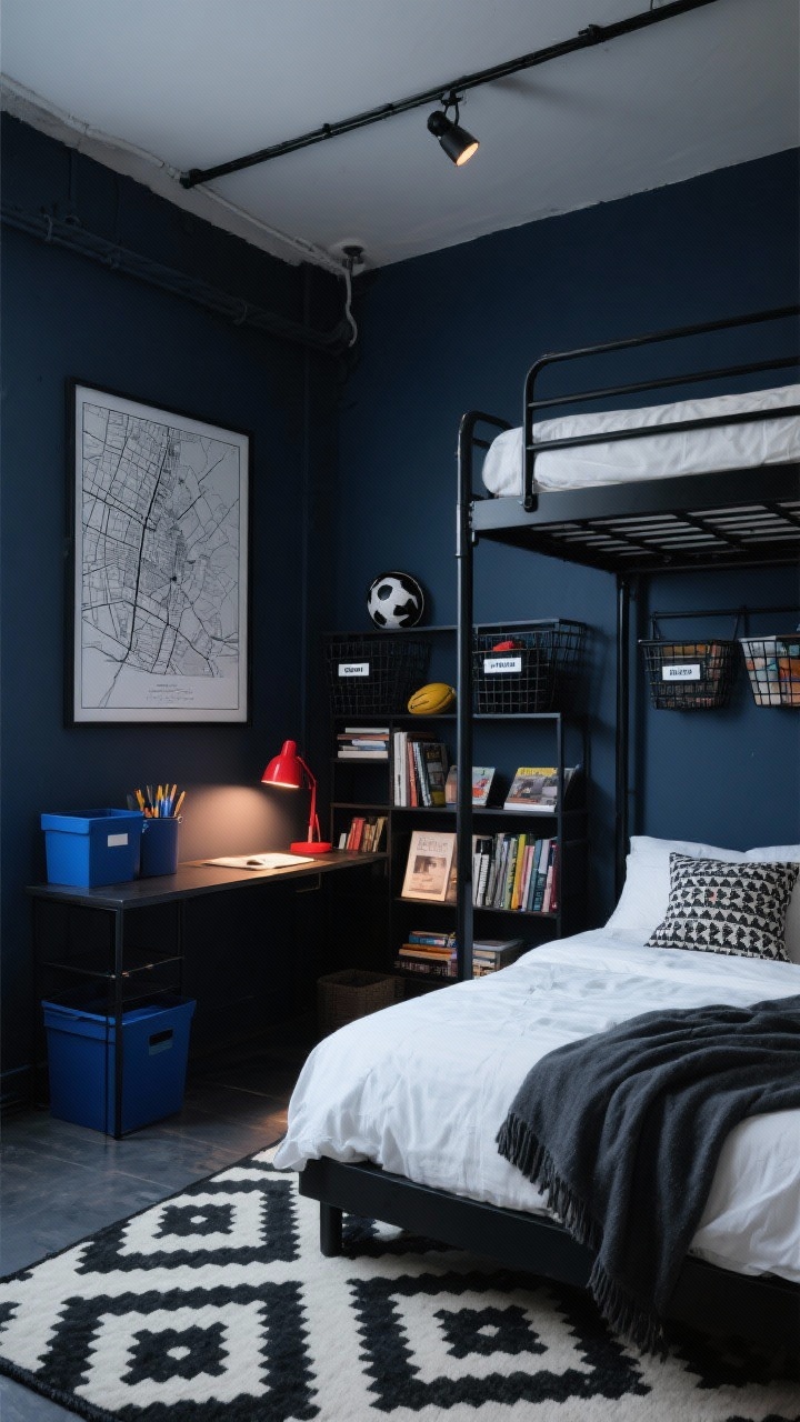 Wide shot, moody modern loft bedroom: deep navy walls with black metal loft bed, pared-back black metal desk, and a black grid bookshelf holding books and vinyl. High-contrast black-and-white geometric rug grounds the space. Crisp white duvet with charcoal throw and one patterned pillow on the bed. Tomato-red task lamp on the desk, cobalt storage bins on shelves. Oversized black-and-white city map in a slim black frame on the wall. Track-style ceiling fixture overhead, clip-on reading light on the loft rail. Wire baskets for sports gear and labeled magazine files for school supplies. Urban, sophisticated mood, evening ambient light with subtle highlights.