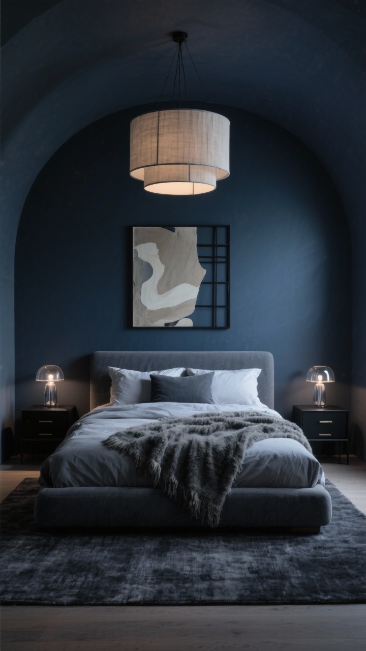 Wide shot, moody straight-on: A cocoon-like modern bedroom with deep ink blue/charcoal walls, a low graphite upholstered bed with plush oversized pillows, brushed cotton sheets, mohair throw, and a thick charcoal rug. Smoked glass lamps with dimmable bulbs sit on sleek black nightstands, turning light into a soft halo; a linen drum ceiling fixture filters overhead light. Abstract art in muted neutrals with black metal frames. Photorealistic, dramatic but soothing night scene.