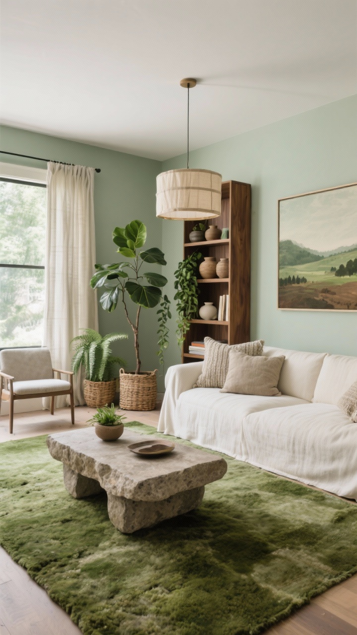 Wide shot, Nature-Driven Modern living room: muted sage walls, wool rug in moss grounding the space; cream slipcovered sofa, chunky stone coffee table with visible texture; walnut bookcase with open shelves styled with ceramics and woven baskets; trio of plants—rubber tree, fern, trailing pothos—adding layered greenery; linen curtains, nubby pillows; a landscape print in soft greens and browns; linen drum pendant casting a gentle natural glow; sage, moss, cream, walnut, stone palette; soft daylight, photorealistic, straight-on composition.