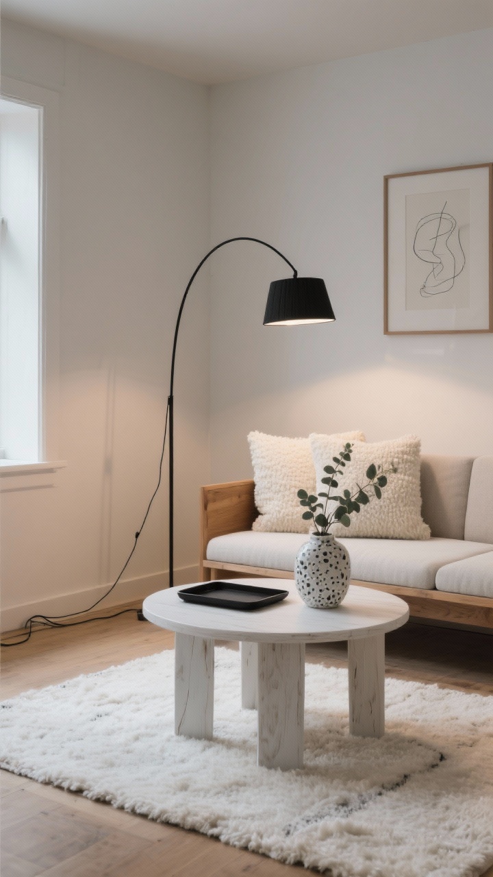 Wide shot, Nordic nook living room in warm minimalism: a low-profile oak sofa with cream bouclé cushions faces a round whitewashed coffee table on an ivory wool rug; a tall matte-black arc floor lamp with a linen drum shade sweeps over the seating, casting a soft pool of light for reading; palette of cream, warm oak, matte black, soft gray; accents include a slim black tray, a terrazzo vase with eucalyptus, and a framed line drawing on the wall; cords hidden beneath the rug; soft evening dimmed ambience; photorealistic, clean lines, uncluttered composition.