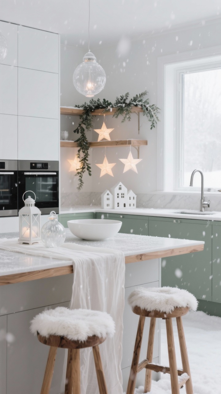 Wide shot, Nordic Snowfall Minimalist kitchen: matte white cabinetry with warm oak accents, sheer linen runner across the island, two natural wood stools topped with snowy faux shearling cushions; decor includes frosted glass ornaments in a shallow white bowl, a simple eucalyptus garland draped over open shelves, and paper star lanterns glowing softly in the window; metals are matte brushed nickel and black, color accents in dove gray and sage green; a single white ceramic village displayed on the counter; serene, quiet snowfall mood with soft, diffused daylight and subtle twinkle from the star lanterns, photorealistic, no people.