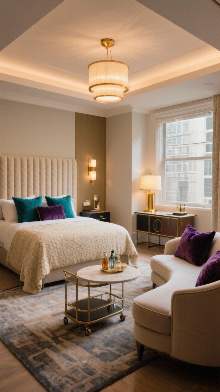 Wide shot of a boutique hotel-style bedroom zoned into sleeping and lounge areas: an upholstered headboard bed with tall, narrow nightstands on the far wall, jewel-tone pillows in deep teal and aubergine against a textured cream duvet, opposite a floating curved loveseat and round coffee table on a second rug, a bar cart or console along the window wall with a glowing table lamp, layered lighting (ceiling fixture, bedside sconces, and a floor lamp), brass accents and velvet throw pillows; photorealistic, warm ambient lighting.