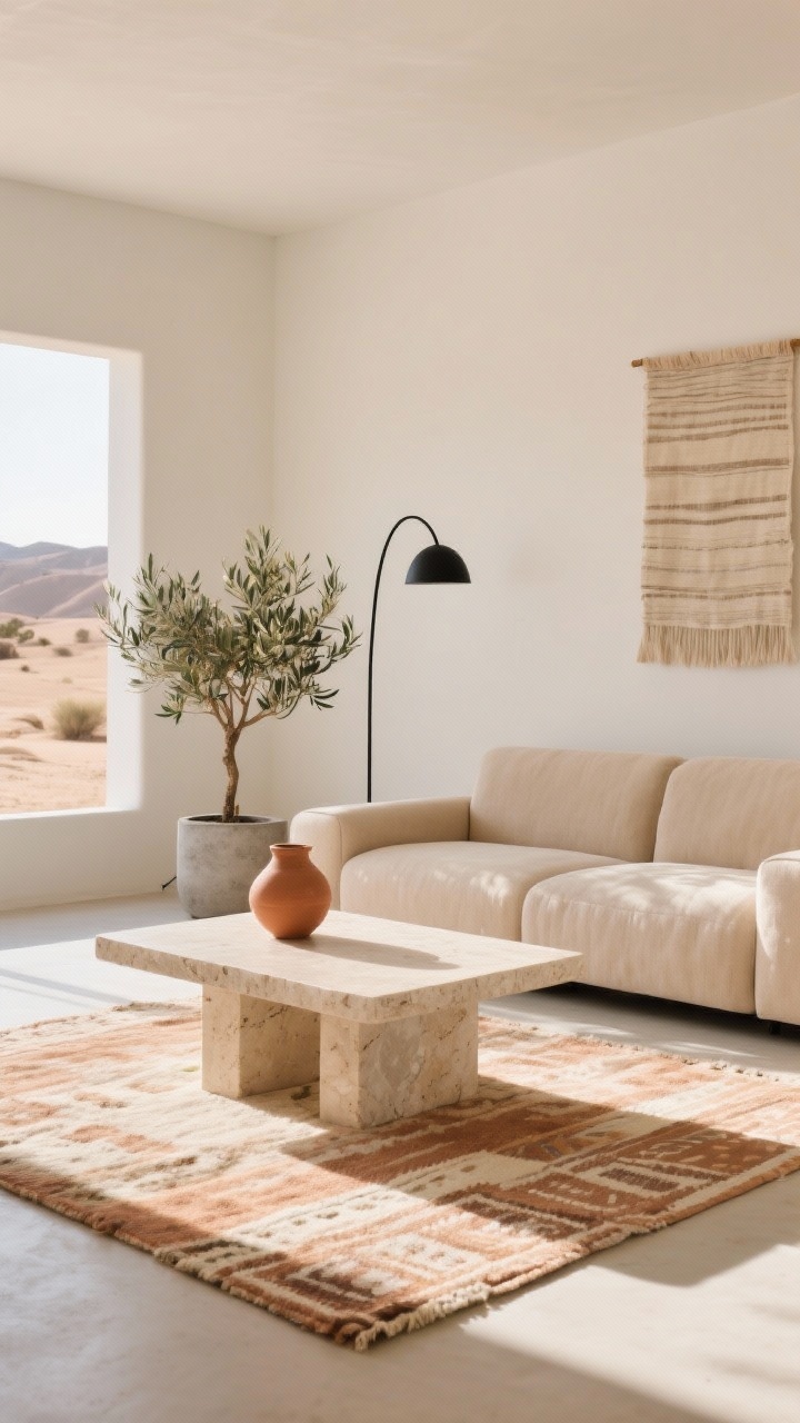 Wide shot of a Desert Modern Living Room with sun-washed minimalism: sand-colored sectional with clean lines and square arms; plinth-style coffee table in light travertine or stone-look resin; flatweave kilim rug in soft clay and cream. Accents include a single terracotta vessel, a matte black arc floor lamp, and a low olive tree in a concrete planter. Walls in soft off-white. Add a narrow linen wall hanging or framed textile for texture. Warm, sculptural, sunlit atmosphere.