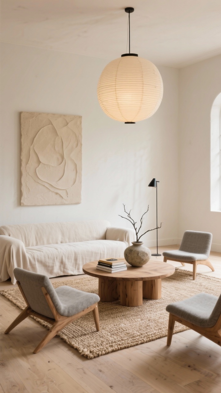 Wide shot of a serene sandstone living room in warm neutrals—sand, oat, and mushroom—featuring creamy off-white matte walls and pale oak floors. A low linen slipcovered sofa anchors the space with a rounded oak coffee table atop a woven jute rug; two armless lounge chairs in pebble-gray balance the scene. Minimal decor: a ceramic bowl, a single branch in a stone vase, and a stack of linen-bound books on the table. Soft layered lighting with an oversized paper lantern pendant overhead and a slim black floor lamp in the corner. Abstract, tone-on-tone plaster art that’s gentle and textural. Photorealistic, calm, airy, natural daylight with soft diffusion.