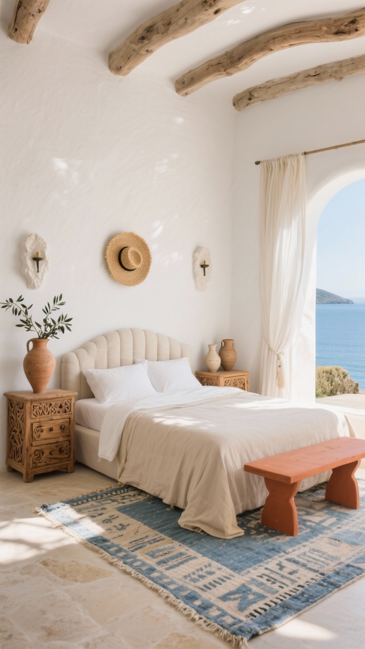 Wide shot of a sunwashed Mediterranean coastal bedroom: chalky white walls with hints of limestone beige; exposed natural wood beams; curved upholstered bed in sandy linen; terracotta side tables; faded blue handwoven kilim rug; carved wood accents on dresser; gauze curtains hung high catching soft sun; amphora-style vase with olive branches; plaster sconces on the wall; ceramic pitchers and a straw hat wall accent; warm, sun-kissed light, relaxed villa ambiance, photorealistic.