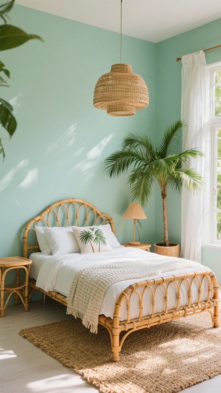 Wide shot of a tropical breezy oasis bedroom: walls in sea-glass green; curved rattan/cane bed with airy lines; bamboo nightstands; palm-frond floor lamp; large potted palm; gauzy white curtains billowing in open windows; white percale sheets with a palm-print lumbar pillow and lightweight waffle blanket; woven pendant light overhead; textured jute/abaca rug; warm honey rattan tones, lush green accents, sunlight filtering and a gentle breeze effect, photorealistic.
