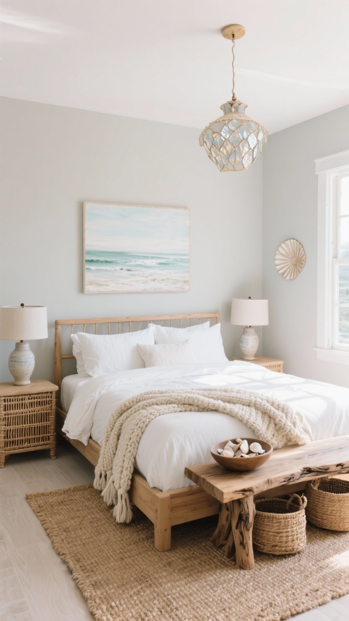 Wide shot — Organic Coastal Calm: Airy bedroom with soft greige walls and a natural wood bed with clean lines, dressed in white and sand linen bedding and a chunky knit throw. Rattan/cane nightstands hold ceramic table lamps with linen shades. A live-edge bench sits at the foot; woven baskets tuck beneath a window. Coastal-inspired pendant and a capiz shell sconce sparkle subtly as daylight floods the room. Jute rug underfoot, seascape art above the bed, and a bowl of faux shells on the nightstand. Palette: white, sand, driftwood, seafoam. Bright, breezy daylight.