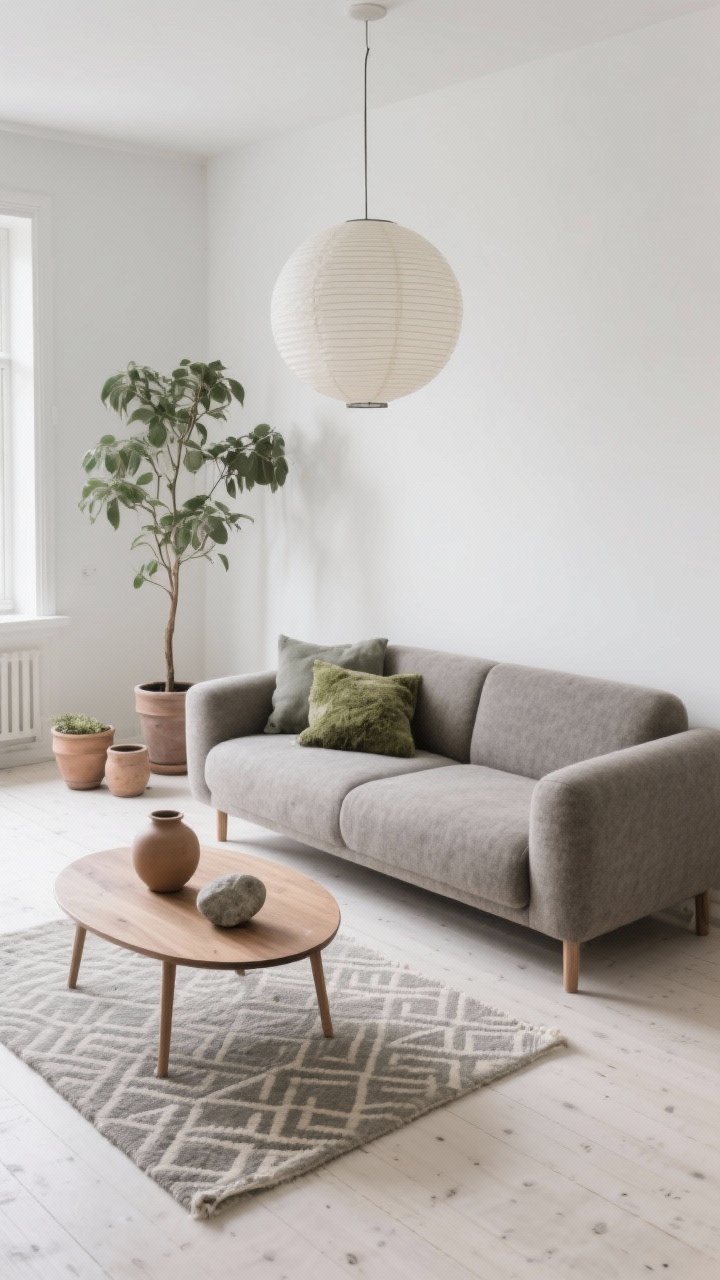 Wide shot, overhead corner angle: Scandinavian calm living room with a low-profile, streamlined warm gray wool-blend sofa on slim oak legs; whitewashed wood floors with a flat-weave rug in a subtle geometric pattern; oval ash wood coffee table with simple ceramics; muted earth-tone accents in clay, moss, and stone through pillows and pottery; one tall ficus and a few minimal pots; paper lantern pendant providing soft diffused light; palette of soft gray, ash, moss, clay, white; airy and restrained, photorealistic.
