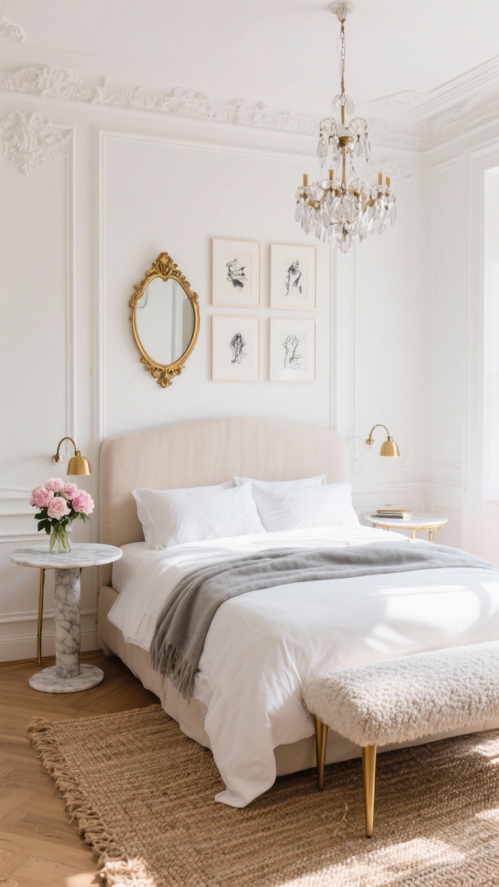 Wide shot — Parisian Apartment Chic: A light-drenched bedroom with warm white walls and elegant molded trim, featuring an oatmeal linen upholstered headboard, crisp white percale bedding layered with a dove-gray cashmere throw, and a slim bouclé bench at the foot of the bed. Slim-legged nightstands with brass swing-arm sconces flank the bed; a marble-topped bistro side table holds fresh peonies. A petite crystal chandelier hangs overhead, an antique gold vintage mirror leans on the wall, framed charcoal sketches are arranged above the headboard, and a woven jute rug adds texture on the floor. Palette: ivory, soft gray, pale blush, antique gold. Natural morning light.