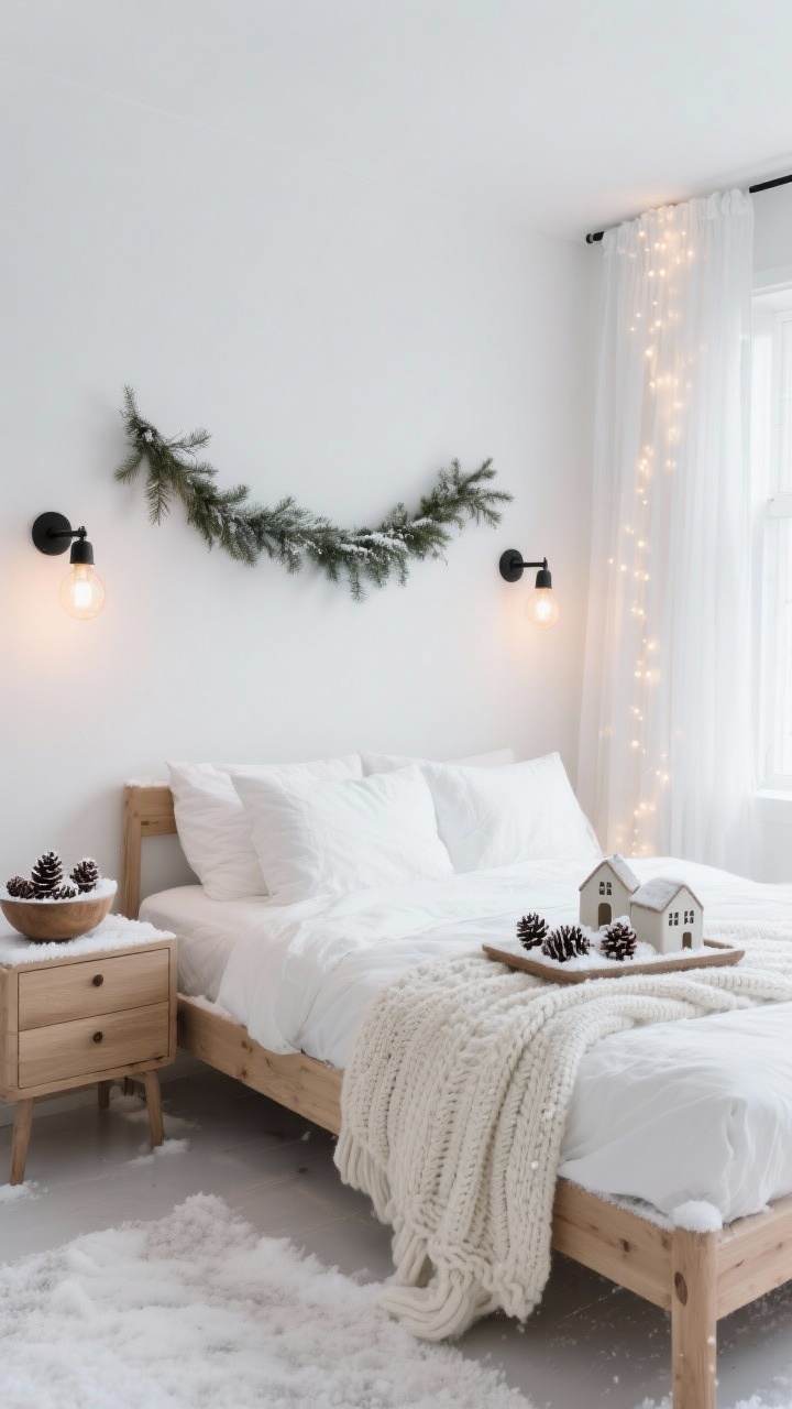 Wide shot, photorealistic: A Nordic Snowfall Sanctuary bedroom with crisp white linens on a light oak bed frame, an ivory chunky knit throw folded at the foot, matching light oak nightstands, sheer white curtains with warm white twinkle lights tucked behind, a simple pine garland draped over the headboard, matte black wall sconces with warm bulbs, ceramic village houses styled on a tray beside a bowl of pinecones dusted with faux snow; palette of soft whites, pale greys, and natural woods; peaceful, quiet hygge mood; no people.