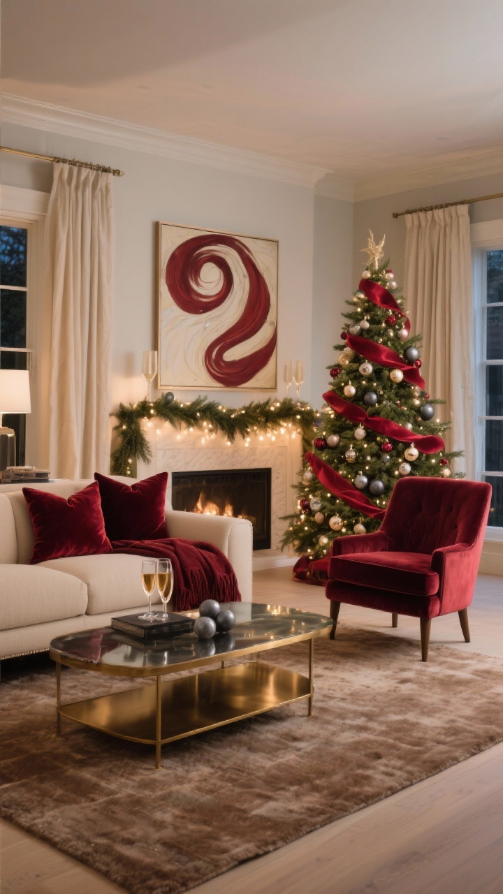 Wide shot, photorealistic: A polished yet cozy living room with a warm taupe rug, creamy linen curtains, and a soft oatmeal sofa. Add burgundy velvet accents: two throw pillows, a matching throw blanket, and a single velvet accent chair. A tall Christmas tree is dressed in burgundy satin ribbons, champagne glass ornaments, and smoky grey baubles. Include a brushed brass coffee table with a smoked glass top, a cedar garland on the mantle with tiny warm white lights, and a large abstract art piece with burgundy swirls anchoring the palette. Evening ambient lighting, no people.