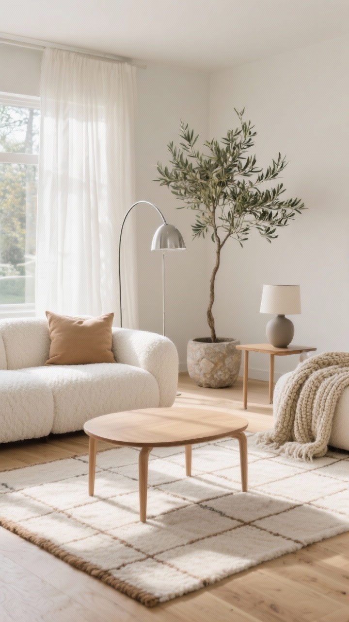 Wide shot, photorealistic: A sunlit Scandinavian living room with an off-white bouclé low-profile sectional with rounded corners on a pale oak floor. A wool flatweave rug with a subtle grid anchors a slender ash wood coffee table with soft edges. Sheer linen curtains filter daylight; a slim arc floor lamp in satin/brushed nickel stands beside a matte ceramic table lamp on a low side table. Muted camel cushions and a chunky knit throw on the sofa. A tall olive tree in a stone planter adds greenery. Palette: cream, ash, pale oak, camel, with brushed nickel and parchment ceramic accents. Airy, soft textures, no people.