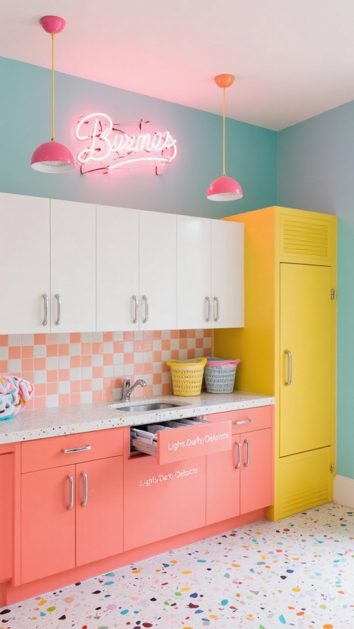Wide shot pop art laundry: bold color-blocked cabinets—coral lower units, white uppers, and a single sunny yellow pantry tower. Checkerboard micro-tile backsplash mixing white, coral, and blush in a gradient. Rounded terrazzo counter edge, confetti terrazzo floor with multicolored chips. Neon script sign glowing above the folding zone, candy-colored glossy enamel dome pendants overhead, streamlined chrome finger pulls. Pull-out hampers labeled Lights/Darks/Delicates slightly extended. Bright, playful, high-energy lighting; photorealistic, corner angle.