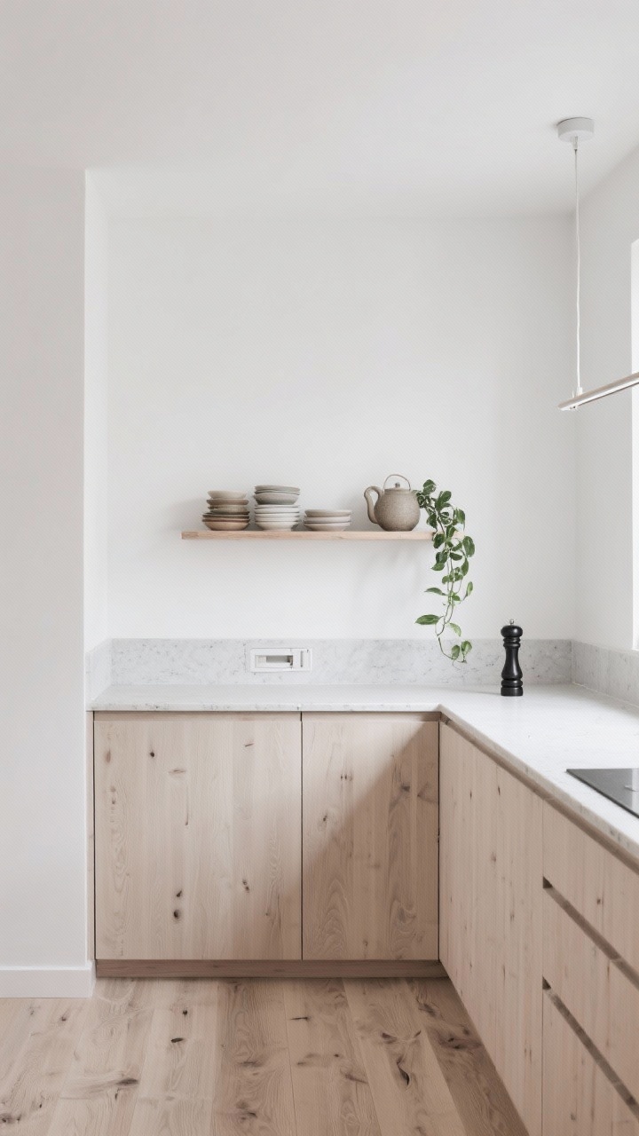 Wide shot: Scandi minimal kitchen with flat birch cabinetry, cloud-white walls, and pale concrete-look quartz counters; hardware concealed with integrated channels; a single floating birch shelf holding neatly stacked ceramics and a stoneware teapot; whitewashed oak plank flooring; slim linear pendant casting soft, even light; minimal decor with a matte black pepper mill and a trailing pothos; serene, quiet mood; photorealistic, straight-on view with clean sightlines.