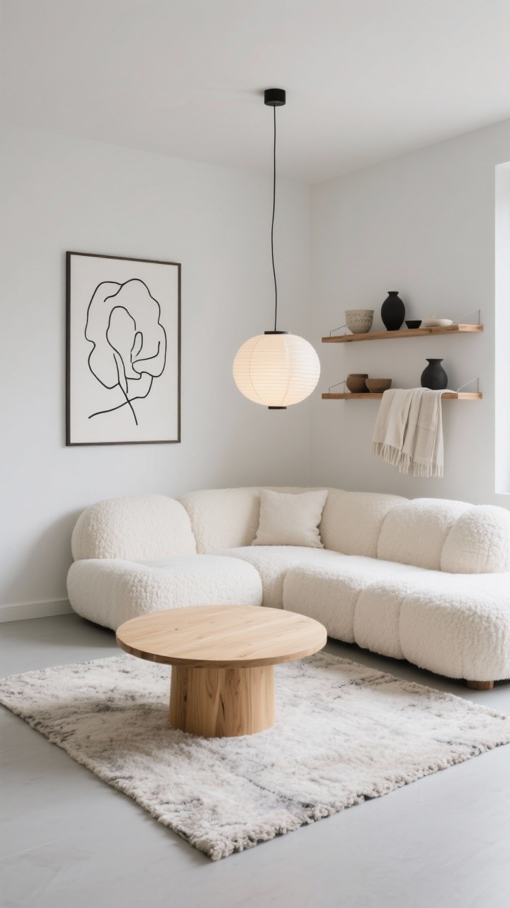 Wide shot, Scandinavian calm corner: a cream cloud-style corner sofa with soft bouclé texture invites sprawling; a blonde wood rounded-edge coffee table sits on a tonal wool loop rug; walls feature one oversized black line drawing print; floating oak shelves display ceramics and a folded linen throw; a single statement paper lantern pendant glows softly; palette cream, oak, soft gray with black accents; photorealistic, serene and minimalist daylight.