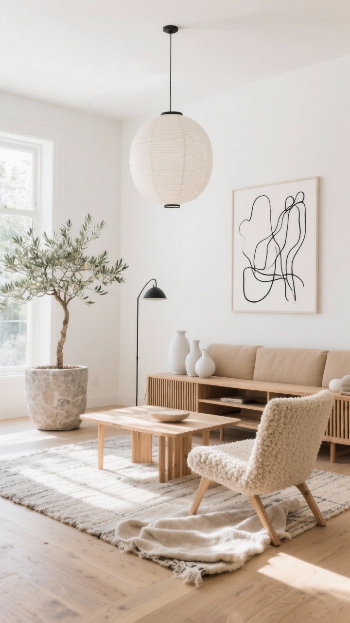 Wide shot, Scandinavian Calm living room: sunlit space with soft white walls and pale oak floors; a low-profile linen sofa in warm beige anchors the room beside a slatted oak coffee table and slim-legged oak media console; a bouclé accent chair in oat, a few chalky white ceramic vases, and an oversized black-on-white abstract line artwork on the wall; wool flatweave rug layered with a light linen throw; paper lantern pendant overhead and a slim black floor lamp; an olive tree in a stone planter; warm whites, oat, sand, light oak palette; bright natural daylight, airy and uncluttered, photorealistic, straight-on view.