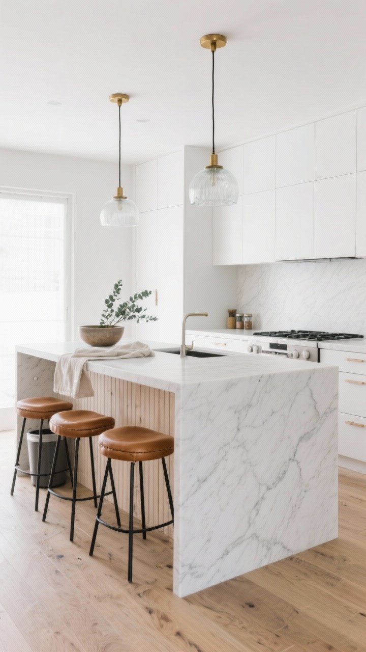 Wide shot, Scandinavian kitchen: a vertical slatted white oak island base wrapped by a chunky cloudy white quartz waterfall countertop with subtle gray veining; matte white perimeter cabinets, pale oak floors, and two frosted glass pendants with soft brass caps overhead. Three low-profile tan leather stools with black metal legs tuck under an overhang on the long side. Minimal styling: a single ceramic bowl with eucalyptus stems and a linen runner; hidden trash pull-out and slim spice pull-out hinted by clean drawer lines. Soft natural daylight, calm airy mood, photorealistic.