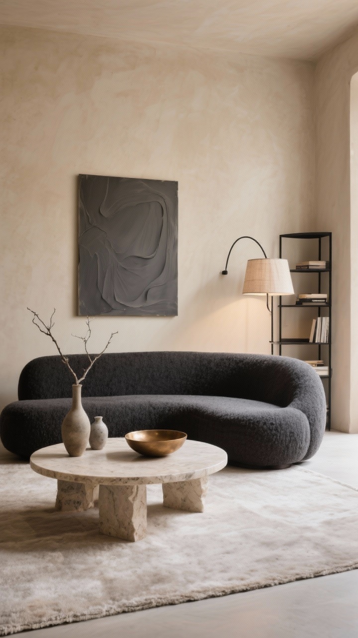 Wide shot, sculptural minimalism living room: a low-slung charcoal boucle curved sofa against a warm putty-colored plaster wall, oval-cut travertine coffee table echoing the sofa’s curve, soft diffused glow from an arc floor lamp with linen shade, large muted-graphite abstract art anchoring the wall, thin-profile black metal bookshelf keeping lines airy. Oversized low-pile pale greige wool rug underfoot, bronze bowl and stoneware vases on the travertine, a single branch in water. Tight charcoal, stone, and whisper-of-bronze palette, gallery-like serenity, no people, photorealistic.