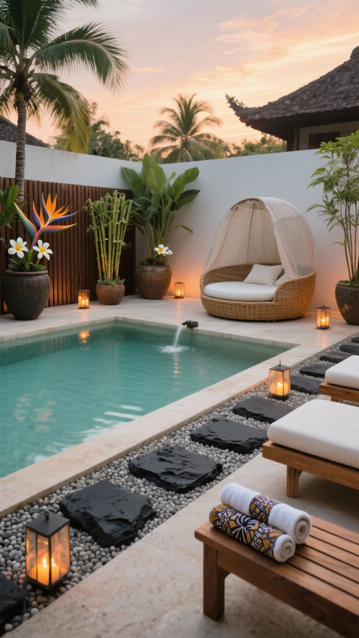 Wide shot, Serene Bali courtyard pool at sunset: smooth limestone coping and pale micro-pebble finish making the water glow celadon; teak slat fencing enclosing the space; giant planters with frangipani, bird of paradise, and dwarf bamboo; black lava stone stepping pads set in pea gravel leading toward the pool; low teak loungers with ivory cushions and a round rattan daybed with a gauzy canopy; warm uplights at the base of palms and floating tea-light lanterns on calm water; stone water spout trickling into the pool; rolled batik towels on a teak bench. Photorealistic, calm spa mood.