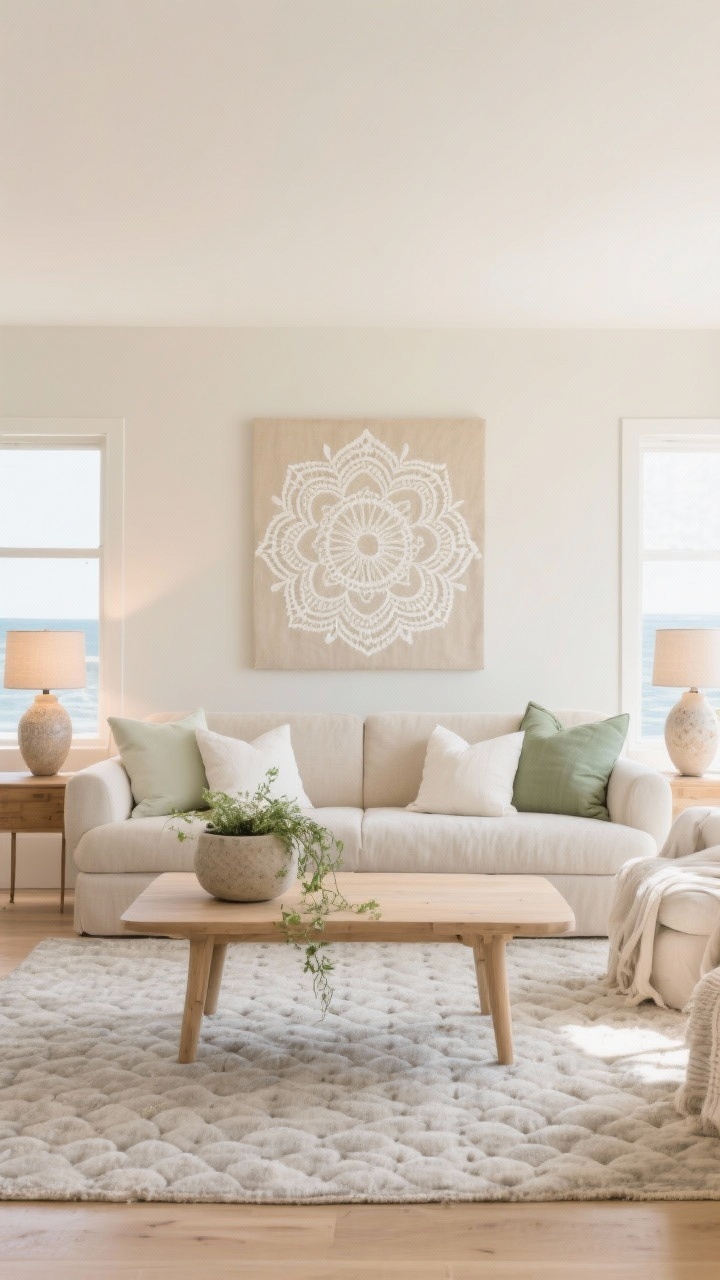 Wide shot, serene sand and sage living room: a soft sand-colored sofa piled with sage and ivory cushions, anchored by a hand-tufted mandala rug in muted greige; a linen-wrapped canvas featuring a white-on-beige mandala centered on the main wall; light oak coffee table with stoneware planters holding soft trailing greenery; pair of ceramic lamps with warm linen shades glowing softly; palette of sand, sage, ivory, warm oak; textures of linen, brushed ceramic, low-pile wool; bright coastal daylight filtering in, no people, photorealistic.