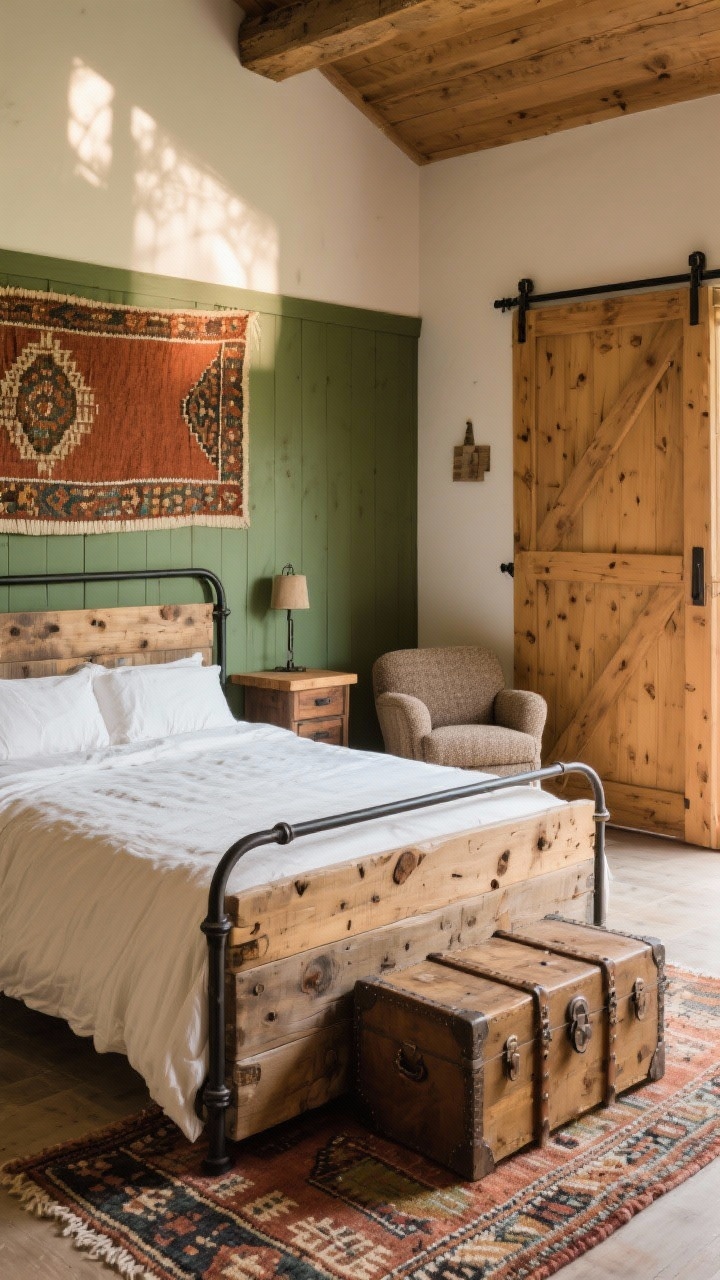Wide shot, slightly angled: Rustic reclaimed retreat anchored by a solid reclaimed wood bed (visible knots and grain), paired with iron-framed nightstands with thick wood tops. A chubby tweed-upholstered chair and a trunk-style storage bench sit nearby; a tall wardrobe with sliding barn-style doors fits a tight wall. Honey-toned wood, forest green, rust, and cream palette; kilim rug underfoot, woven wall tapestry above, warm afternoon light for earthy, lived-in feel.