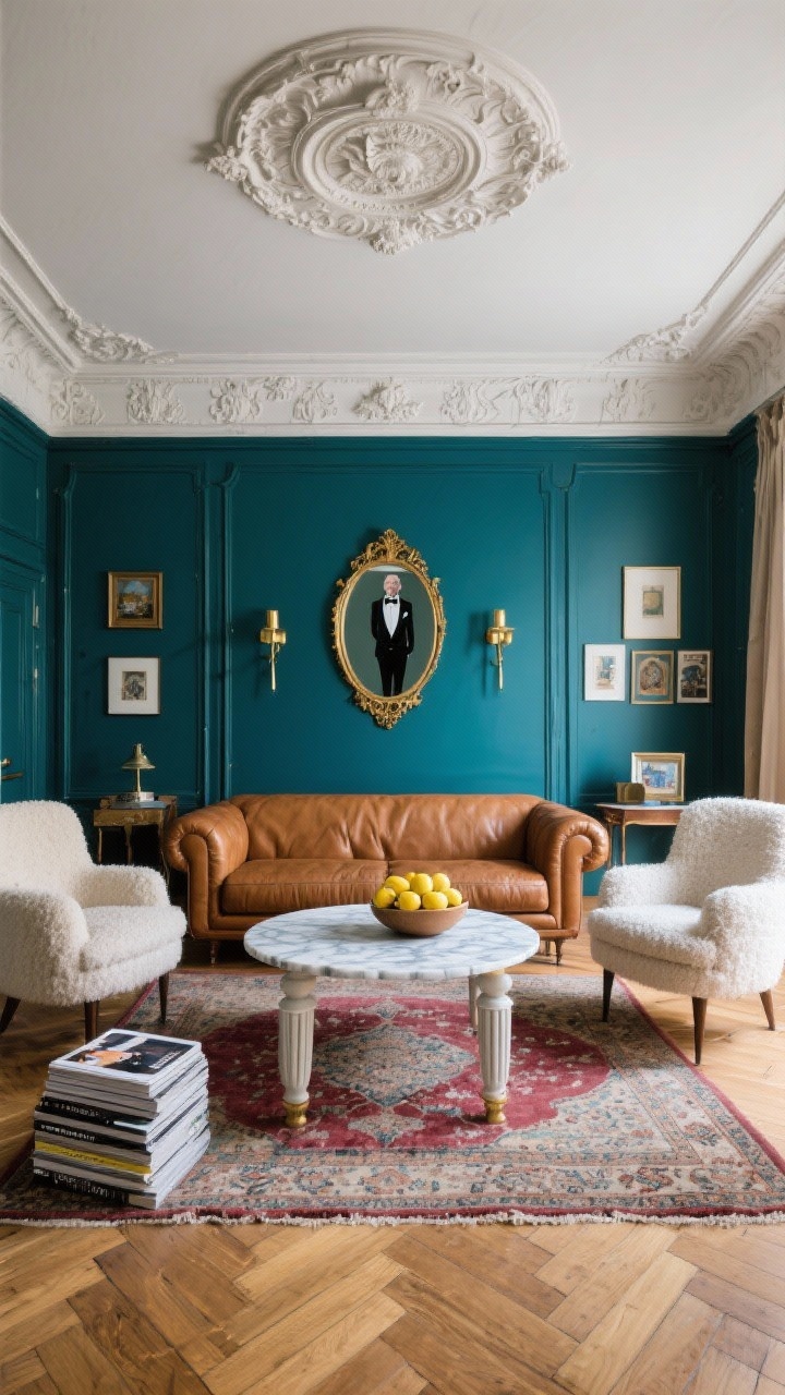 Wide shot, slightly elevated: Parisian eclectic living room with a cognac leather tuxedo sofa beneath ornate crown molding and a classic ceiling medallion. Inky teal walls frame the space; herringbone wood floors gleam. A marble-top coffee table with fluted legs centers on a vintage Turkish rug in faded cranberry tones. Accents include a gilded mirror, a pair of modern brass sconces, and a small gallery wall of mixed frames. Slipper chairs in ivory bouclé balance the seating. A stack of design magazines and a bowl of lemons on the table add playful pops. Soft, elegant daylight, photorealistic.