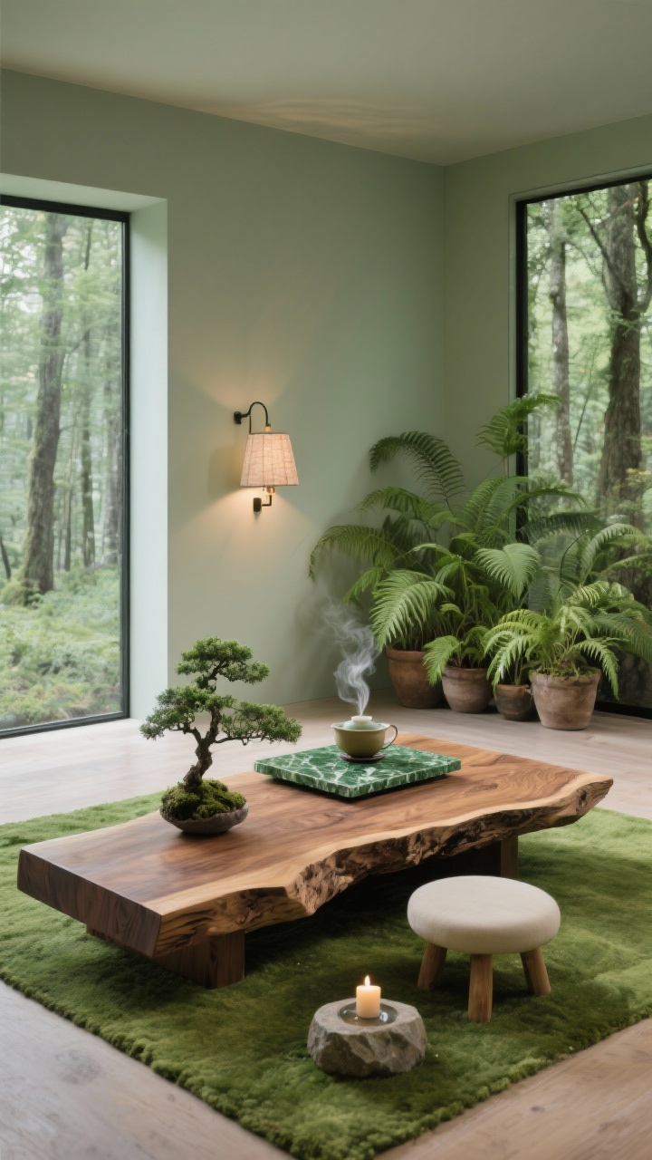 Wide shot, slightly low angle: Forest sanctuary interior with a walnut live-edge meditation table on a moss-green wool rug, soft sage-painted walls, cluster of potted ferns adding layered greenery, adjustable wall sconce with fabric shade providing warm focused light, tabletop details include a green-veined marble coaster with steaming tea, a tiny bonsai, and a forest-scented candle, optional side stool with a small stone fountain, palette of sage, moss, walnut, and cream, immersive woodland calm, photorealistic.