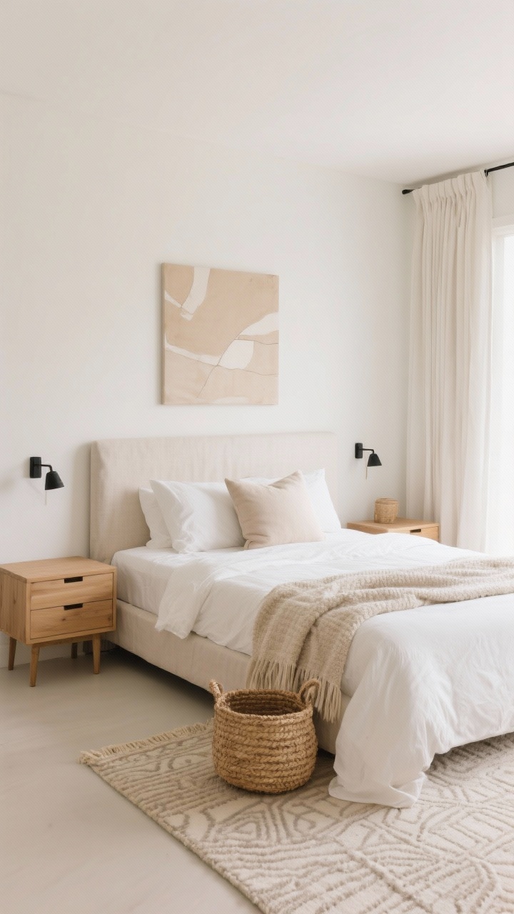Wide shot, Soft Minimalist Sanctuary: A serene bedroom with creamy off-white walls and warm whites, soft beiges, and oat-toned linens. A low-profile bed with a linen slipcovered headboard and crisp white bedding topped by a single oversized lumbar pillow. Matching light oak nightstands with flat-front drawers flank the bed, each with a slim matte black reading sconce. A barely-there tone-on-tone patterned area rug underfoot, linen drapes, a bouclé throw folded at the foot, a woven seagrass basket near the nightstand, and one large abstract print in muted sand tones above the bed. Soft daylight, soothing, intentional, clutter-free. Photorealistic, straight-on view.