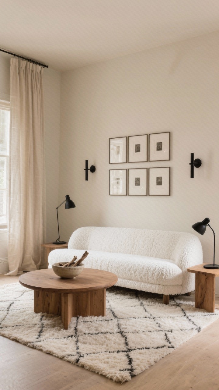 Wide shot, straight-on: A calm minimalist living room with a crisp white boucle sofa against warm putty-colored walls; soft palette of ivory, sand, and pale oatmeal with subtle black accents in lamp bases and thin picture frames. A plush wool rug with a subtle geometric pattern under a low-profile rounded-corner oak coffee table. Pair of matte black wall sconces framing a simple gallery grid above the sofa. Linen drapes puddling slightly, a ceramic bowl with driftwood on the table, matte black reading lamps nearby. Soft natural daylight, serene and curated, textures of boucle, unfinished oak, plaster, and wool emphasized. Photorealistic, no people.