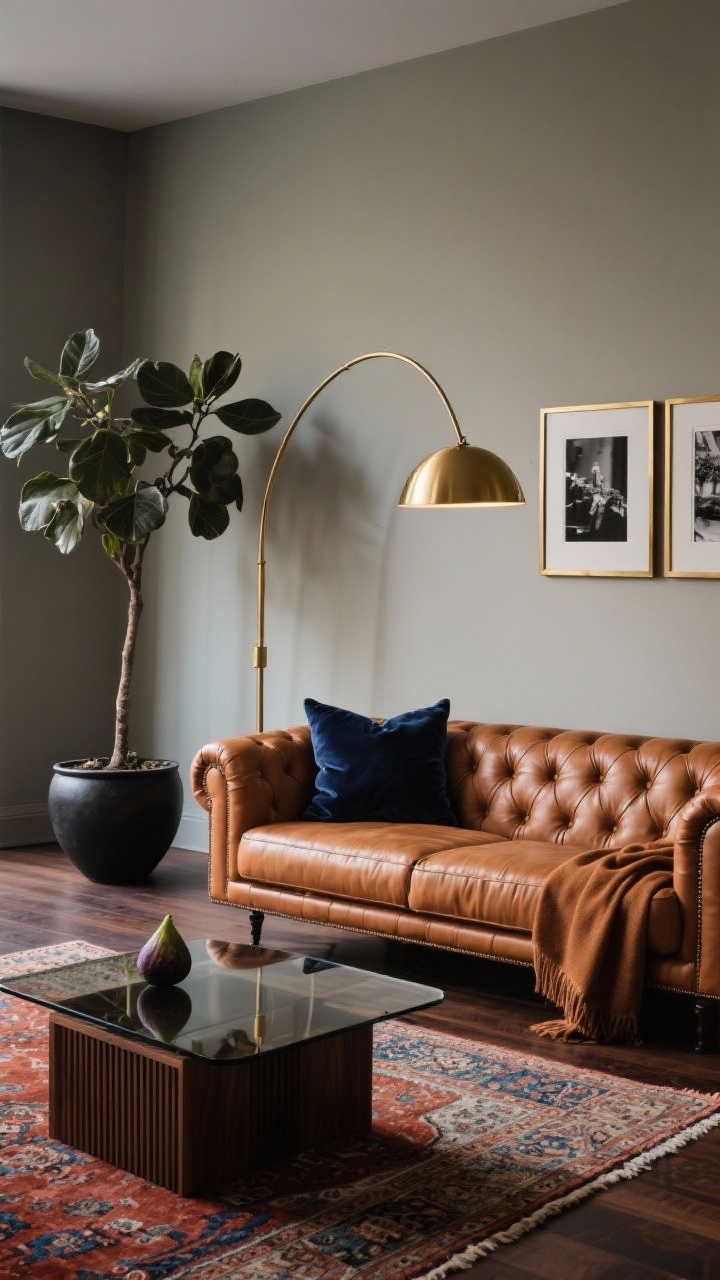Wide shot, straight-on: A modern club room anchored by a caramel leather Chesterfield with deep tufting and low arms, set against soft greige walls and dark-stained oak floors. A Persian-style rug in rust and indigo grounds the scene. A polished brass arc floor lamp hovers over the sofa, paired with a smoked glass coffee table. Accents include navy velvet pillows, a cognac throw, and black-and-white photography in thin brass frames. A low walnut media console with ribbed fronts sits opposite, and a single oversized fig tree in a matte black planter adds height. Moody, warmly lit, photorealistic.