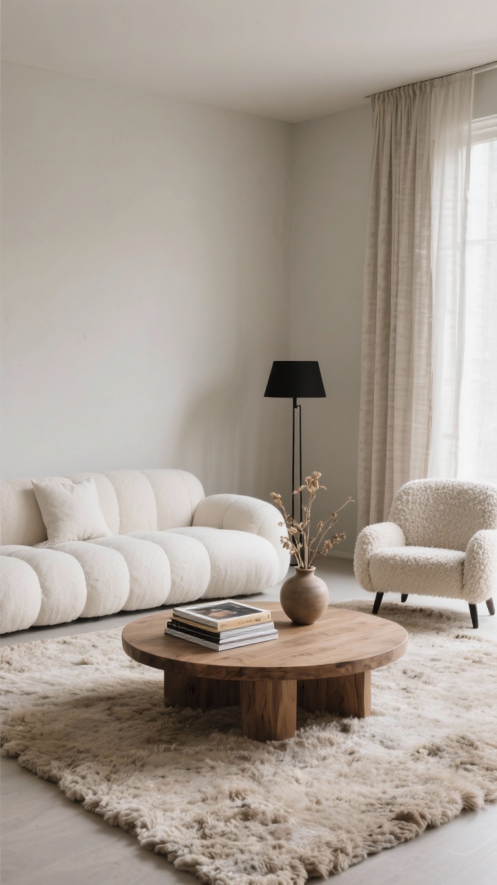 Wide shot, straight-on: A serene living room with a deep, cloud-like ivory sectional in soft performance fabric and oversized sink-in cushions floating on a chunky oatmeal wool rug; greige walls, a rounded-corner natural oak coffee table styled with stacked art books and ceramic vases holding dried stems; two bouclé accent chairs, matte black floor lamps for contrast, linen drapes filtering soft natural light; minimalist composition emphasizing layered textures in ivory, oat, greige with soft black accents, photorealistic.
