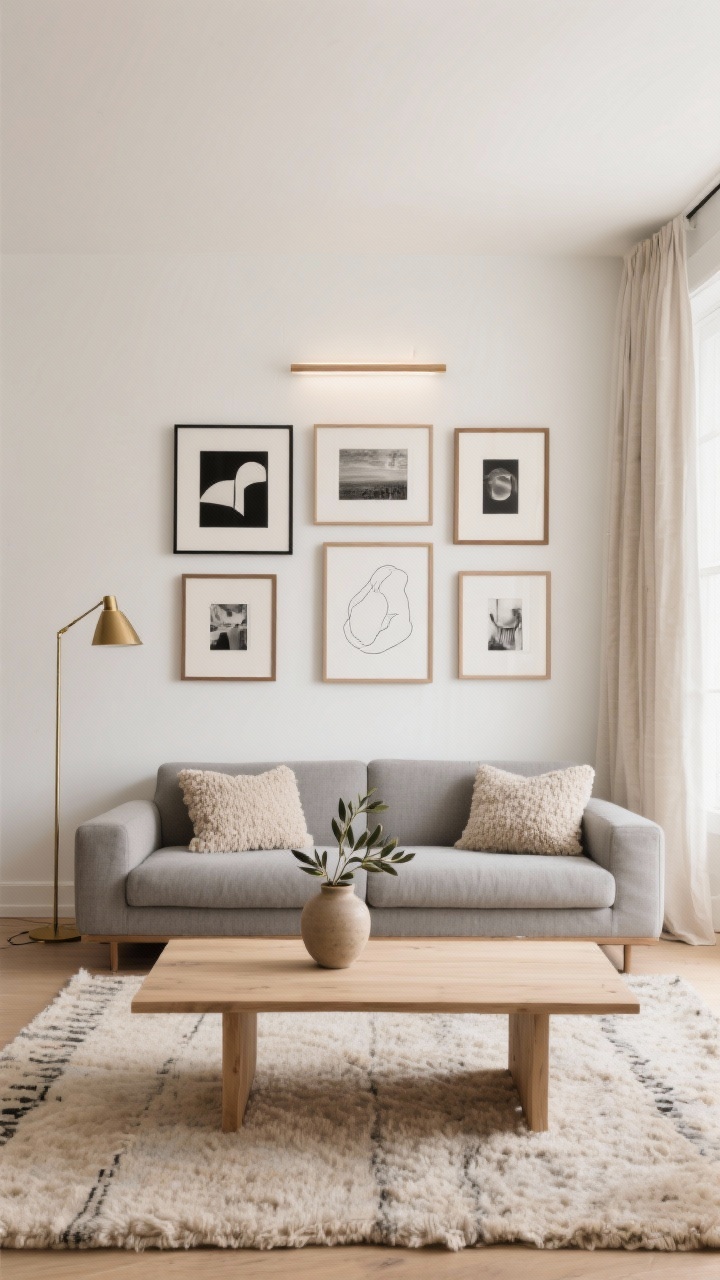 Wide shot, straight-on: A soft-neutral living room with warm white walls (Swiss Coffee/Alabaster vibe), a stone-gray sectional, bleached oak coffee table on a chunky wool rug, oatmeal linen curtains filtering daylight. Above the sofa, a clean-lined gallery wall of 7–9 pieces in a tight grid with even spacing, using black, white, and oak frames; mix of abstract prints, black-and-white photography, and one minimalist line drawing. Two larger frames centered with smaller pieces orbiting; a slim picture light above the arrangement. Add a brushed brass floor lamp, a ceramic vase with olive branches on the coffee table, and two boucle accent pillows. Photorealistic, serene, curated.
