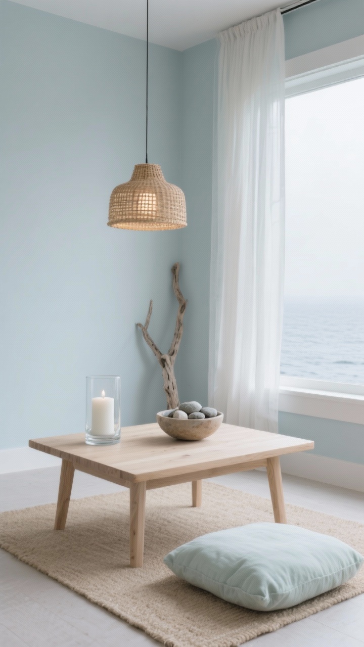 Wide shot, straight-on: Coastal calm corner featuring a bleached oak meditation table with simple lines on a flat sand-colored rug, pale blue-gray walls reminiscent of fog over water, sheer curtains admitting daylight, rattan pendant ready for evening ambiance, tabletop decor includes a clear glass hurricane with a white pillar candle, a bowl of smooth beach stones, and a sliver of driftwood as a sculptural element, linen floor cushion in soft seafoam, airy uncluttered composition, palette of seafoam, sand, cloud white, and pale gray, photorealistic.