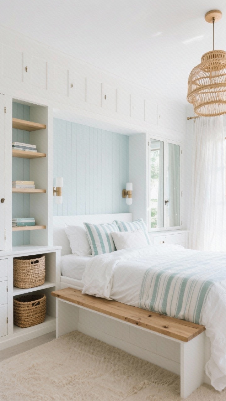 Wide shot, straight-on: Coastal-cool built-in suite with a wall-to-wall headboard niche featuring integrated shelves and reading sconces, framing a white slipcovered bed. Woven nightstand baskets tuck into the built-in; a narrow white-oak storage bench sits at the foot. Tall, shallow wardrobe with mirrored doors reflects light; striped bedding, rattan pendants, and airy gauze curtains complete the look. Palette of white, sea glass, sand, and soft blue-gray; bright, breezy daylight.