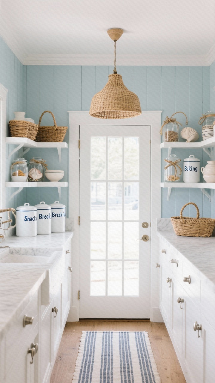 Wide shot, straight-on coastal scene: Airy pantry with pale blue shiplap on the back wall, crisp white shelves, and a sandy-toned quartz counter; rattan pendant casting a warm, casual glow; white enamel canisters with navy typography, clear jars with rope-tie labels, and shell-toned ceramics for layered texture; polished nickel hardware for a nautical touch; baskets labeled “Snacks,” “Breakfast,” and “Baking”; a striped cotton runner softening the floor; half-glass door with a simple mullion letting in light; photorealistic, no people.