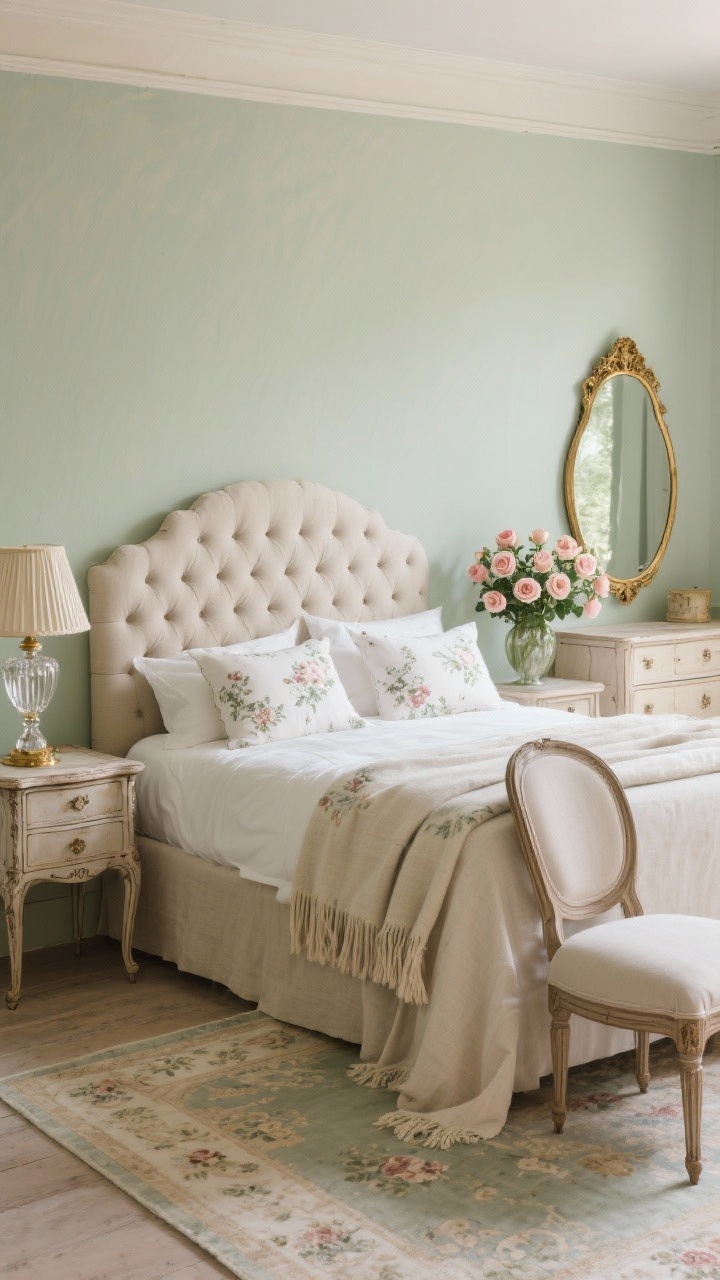 Wide shot, straight-on elegance: A French farmhouse bedroom featuring a flax linen tufted upholstered headboard, antique-style cabriole nightstands, and a curvy gilded mirror above a dresser. Pale sage walls, ivory bedding with floral toile pillows, and a fringed throw adding romance. Include a faded French-inspired rug, carved wood details, aged brass accents, a crystal lamp finial with a pleated silk lampshade, and a petite Louis-style chair beside a vase of garden roses. Soft, filtered daylight for a graceful, romantic mood. Photorealistic.