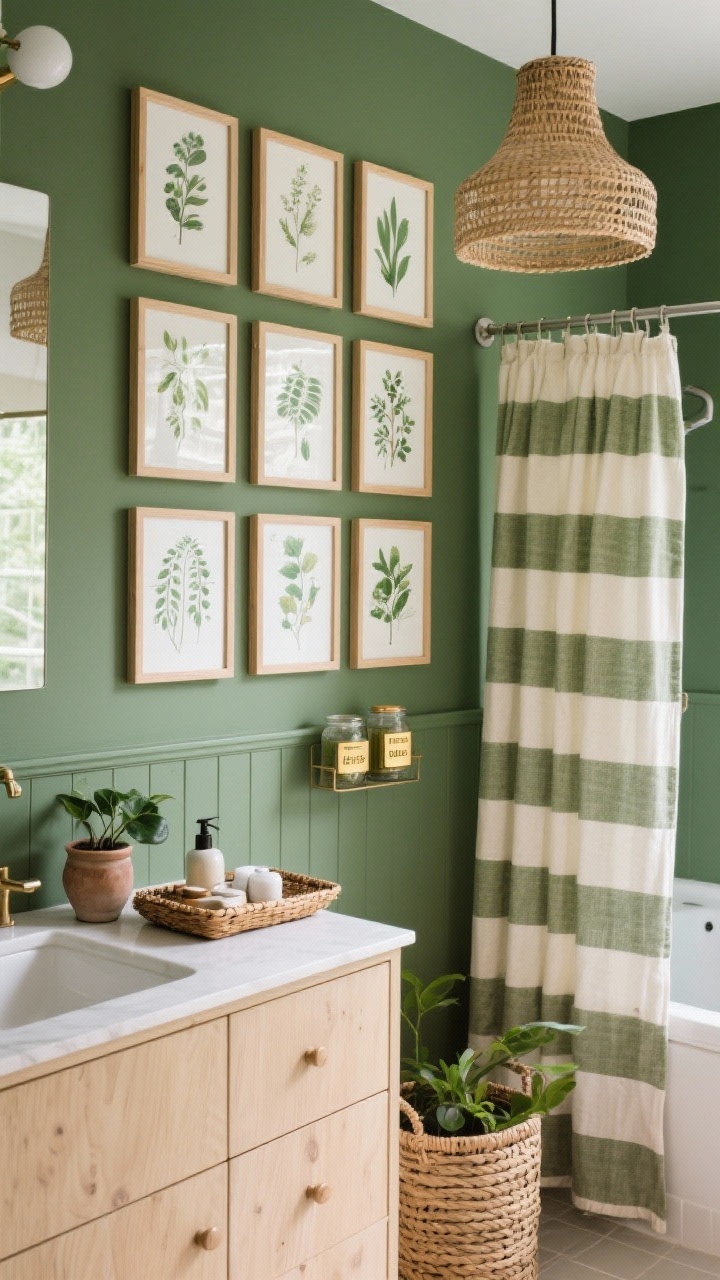 Wide shot, straight-on gallery wall focus: Botanical-themed bathroom with sage green walls and a curated grid of botanical prints in thin natural wood frames above a light natural vanity (or painted a darker complementary green). Rattan trays hold bathroom essentials, ceramic planters with small leafy plants sit by the sink, and a striped cotton shower curtain in moss and cream hangs to the side. A woven pendant casts diffuse, organic light; small brass labels adorn jars. Calm, greenhouse vibe.