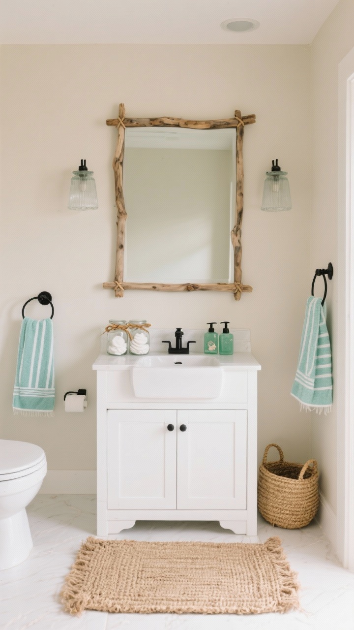 Wide shot, straight-on view: A breezy coastal bathroom with soft sand-beige walls and a white vanity, centered beneath a driftwood-framed mirror. Style the counter with rope-tied glass jars holding cotton rounds and sea-glass green soap dispensers; hang pale aqua striped Turkish towels on matte black hooks. A woven jute rug lies underfoot, a seagrass basket sits beside the vanity, and frosted glass sconces cast a soft warm glow. Color palette: sand, cloud white, sea-glass green, matte black accents. Photorealistic, serene beach-house mood.
